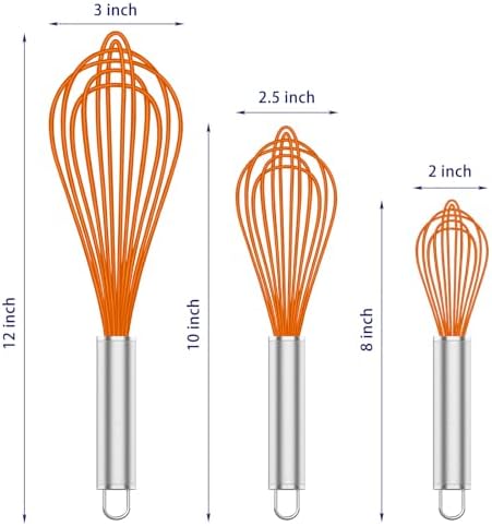 OYV Orange Silicone Whisk Set of 3, 8/10/12 Inch, Non-Scratch
