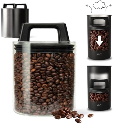 KIVY Vacuum Coffee Canister - Push Lid Preserves Coffee Aroma & Oil - Glass