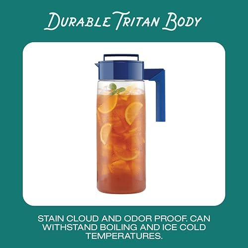 Takeya Airtight Pitcher - Durable BPA-Free Eastman Tritan Odor/Stain-Resistant Leakproof Lid for Iced Tea/Water Easy-Grip Silicone Handle Spill-Free Spout Fridge-Friendly Made in USA 2 Quart/Blueberry