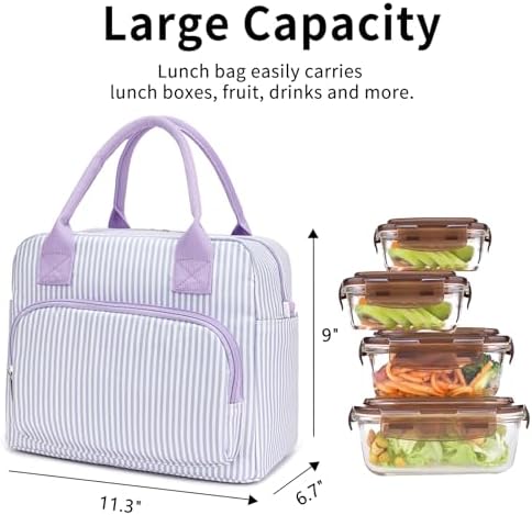 Lunch Bag Women Lunch Box for Women Adult Cute Insulated Lunch Bag Lager Cooler Lunch Tote Bags for Work Picnic (Purple Stripes)