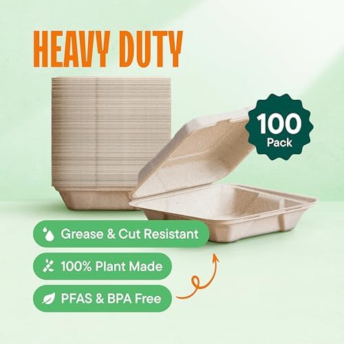 100% Compostable Clamshell Take Out Containers - 8x8 [100-Pack] Heavy Duty