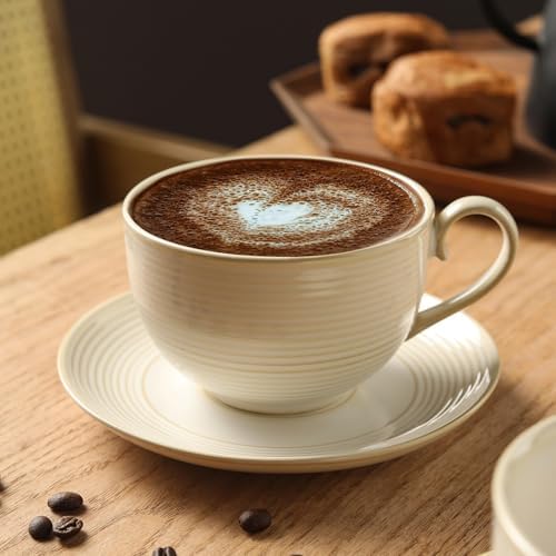 12Oz Coffee Cups with Saucers, Ceramic Cappuccino Cups Set of 4, Cappuccino Mugs Set, Tea Mugs and Saucer, Large Coffee Cup for Espresso, Latte, Microwave Dishwasher Safe Drinkware