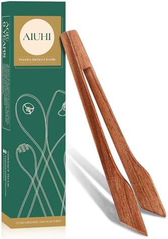 AIUHI Natural Teak Wooden Tongs for Cooking 12.2 * 2.4in