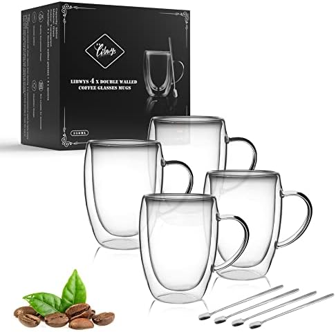 LIBWYS 4 Pack Double Walled Coffee Cups Glasses Mug 12oz Borosilicate Glass