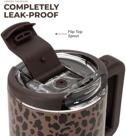 HydroJug Coffee Traveler 20oz Ceramic-Lined Mug with Handle, Brown Leopard