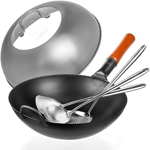YOSUKATA Carbon Steel Wok Pan – 13,5 “ Stir Fry Pans PLUS Wok Lid 12.8 Inch PLUS 17" Wok Spatula and Ladle Skimmer Spoon