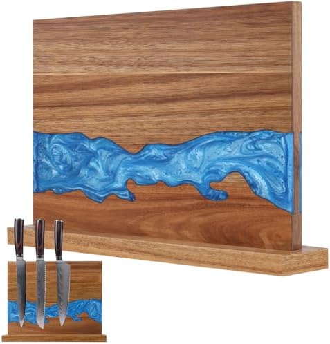 Magnetic Knife Block | Double Sided Magnetic Knife Holder | Acacia Wood Magnetic Knife Rack | Magnetic Knife Storage Stand for Kitchen Counter, Blue Resin River, 12.59×9.84IN (No Knife)