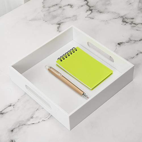 KEVLANG White Sturdy Acrylic Tray with Handles-8x8 Inch- Countertop Organizer Tray for Kitchen,Bathroom,Office- Storage Box for Cosmetics, Jewelry,Toiletries,Toy,Gadgets