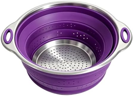 Mejoncb Collapsible Colander – Platinum Silicone Strainer with Stainless Steel Base, BPA-Free & Heat Resistant Kitchen Drain Basket (Purple)
