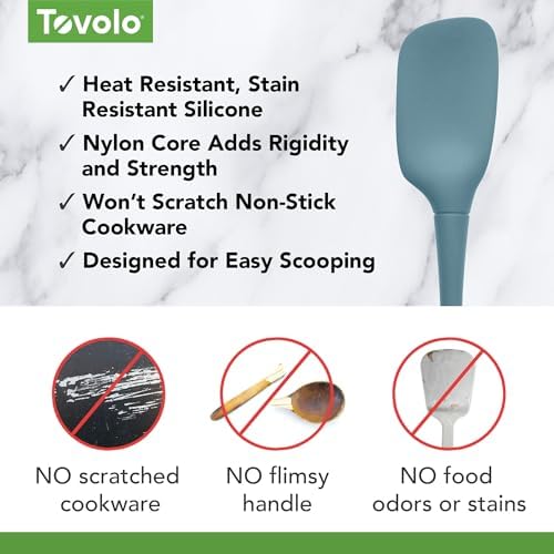 Tovolo Spoon Spatula Spoonula All Silicone Ergonomic Handle Grip, Silicone Scoopula Kitchen Utensil Non Scratch Easy Clean Dishwasher Safe Heat Resistant Flex Core Scoop Spatula, Blue Slate
