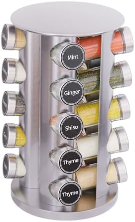 New England Stories Revolving Spice Rack Set with 20 Spice Jars, Kitchen Spice Tower Organizer for Countertop or Cabinet - Carousel Storage Includes 386 Spice Labels (Silver)