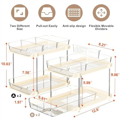 Delamu 2-Tier Multi-Purpose Bathroom Under Sink Organizers and Storage, Stackable Kitchen Pantry Organization, Pull Out Medicine Cabinet Organizer with Movable Dividers, Beige, 4 Pack