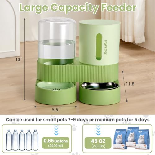 Automatic Cat Feeder Stainless Steel Water Dispenser Gravity Food Feeder and Waterer Set with Pet Food Bowl for Small Medium Kitten Puppy Pets Large Capacity(Green)