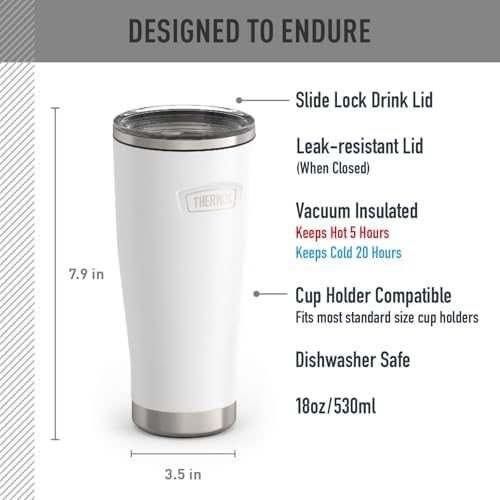 THERMOS ICON SERIES, Stainless Steel Tumbler with Slide Lock, 18 Ounce, White