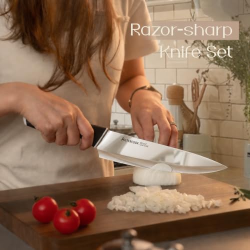 Astercook Knife Set, Kitchen Knives with Block and Sharpener 15 Pcs German Stainless Steel Sharp Blade Dishwasher Safe with Ergonomic Handle, Elegant Black