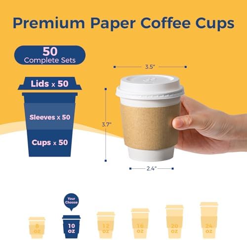Fit Meal Prep 50 Pack 10 oz Disposable Coffee Cups with Lids, Sleeves, Leak-Proof To Go Coffee Cups with Lids, Durable Hot Paper Cups for Home, Office, Party, Business