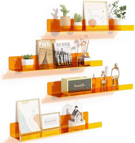 upsimples 4 Pcs 15" Acrylic Shelves for Wall Decor and Display, Orange