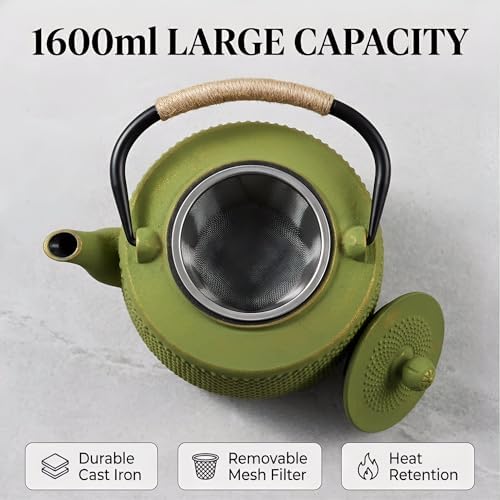 Tea Kettle, 54oz Large Green Cast Iron Teapot for Stovetop, Tea Pot