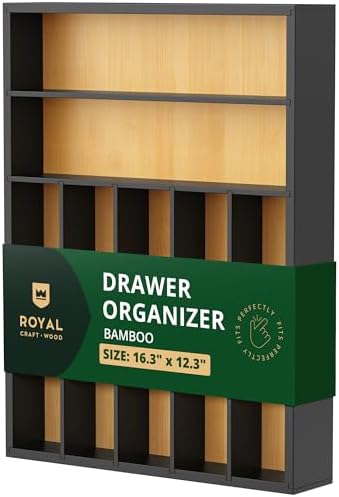 ROYAL CRAFT WOOD Luxury Bamboo Kitchen Drawer Organizer - Silverware Organizer - Utensil Holder and Cutlery Tray with Grooved Drawer Dividers for Flatware and Kitchen Utensils (7 Slot)