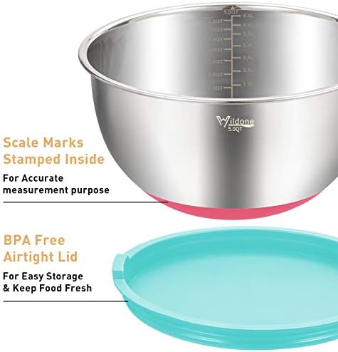 Wildone Mixing Bowls with Airtight Lids Set, 5PCS Stainless Steel Nesting Bowls for Kitchen, with Grater Attachments & Non-Slip Bottoms, Size 5, 3, 2, 1.5, 0.63 QT, for Baking & Serving (Colorful)