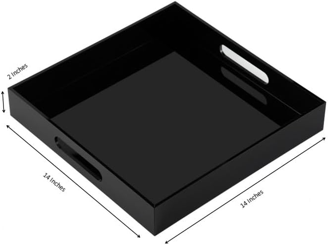KEVLANG Glossy Black Acrylic Serving Tray - 14x14Inch, Multipurpose, Sturdy, Modern Style, Spill Proof, Countertop Organizer, Vanity Table Tray