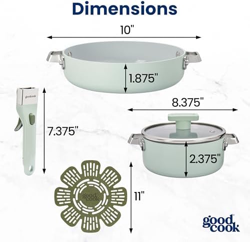 GoodCook Ceramic Cookware Set 5-Piece with Removable Handle, Induction Compatible, Nonstick and Oven Safe with 8-Inch Frypan, Sage Green