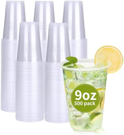 RACETOP 500 Pack 9 oz Plastic Cups, Clear Disposable Plastic Cups Bulk, Cold Drinking Party Cup, Transparent for Wedding, Thanksgiving, Christmas, Party