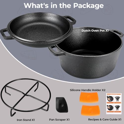 TLGREEN Cast Iron Dutch Oven 5.1QT Pot 1.9QT Skillet Lid Silicone Holders