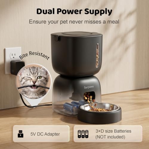 SARPAWS Automatic Cat Feeder, 3L Timed Pet Food Dispenser with 304 Stainless Steel Bowl, 10s Voice Recorder, Dual Power 180-Day Battery Life, Anti-Clogging Auto Pet Feeder for Small Cats and Dogs