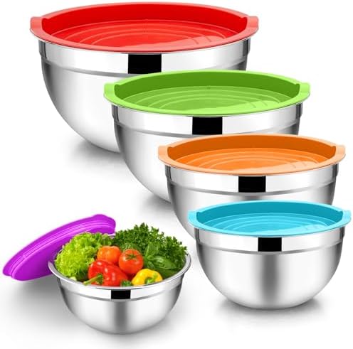 TeamFar Mixing Bowls Set of 5, Stainless Steel Metal Salad Bowls with Lids