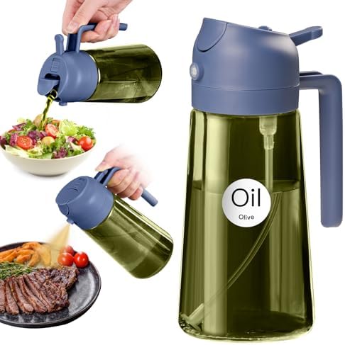 YARRAMATE 16oz/470ml Dark Green Oil Sprayer for Cooking with Stickers, Food-grade Premium 2 in 1 Olive Oil Dispenser Bottle for Kitchen Gadgets, Air Fryer, Salad, Frying, BBQ (Navy)