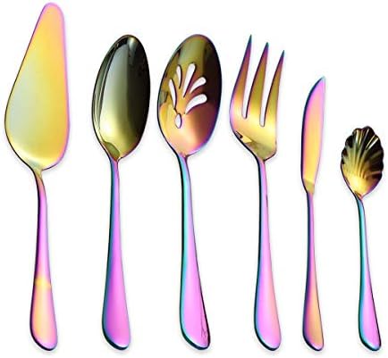 Berglander Stainless Steel Golden Titanium Plated Flatware Serving Set 6 Pieces, 5 Serving Pieces of 45 Pieces Flatware With 1 Cake Server,Serving Silverware Set (Shiny Golden)