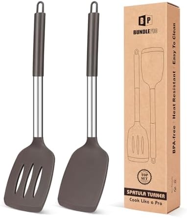 Pack of 2 Silicone Solid Turner, Non Stick Slotted Kitchen Spatulas, High Heat Resistant BPA Free Cooking Utensils, Ideal Cookware for Fish, Eggs, Pancakes(Chocolate)