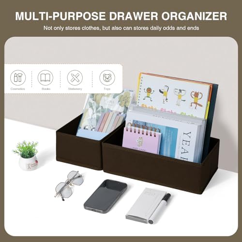 DIMJ Drawer Organizer Clothes, Underwear Drawer Organizer, Set of 4 Foldable Closet Drawer Bins, Fabric Drawer Dividers for Baby Clothes, Socks, Belt, Tie (Brown)