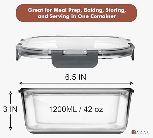 Razab 2 PC 1200ML / 41 Oz Glass Food Storage Containers with Lids - Airtight & Leakproof - Microwave/Oven/Freezer Safe - BPA Free - Ideal for Meal Prep, Storing Leftover & Lunch