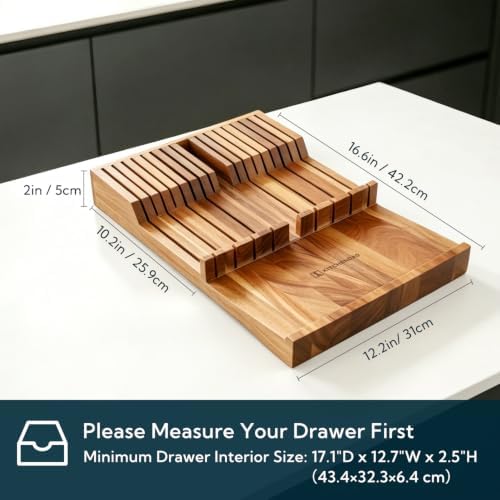 KITCHENDAO Acacia Wood In-Drawer Knife Block for 16 Knives & Sharpening Rod