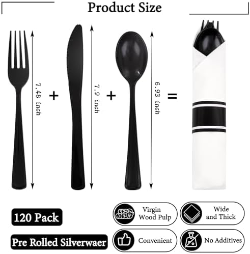 Supernal 120pack Pre Rolled Black Plastic Silverware Set Disposable (Pack of 2)