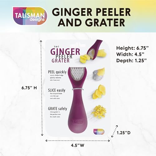 Talisman Designs 3-in-1 Ginger Peeler | Grater & Sliver | Grate Ginger, Garlic, Turmeric & Nutmeg | Easy to Use Kitchen Utensil Tool | Stainless Steel Hand Held Grater