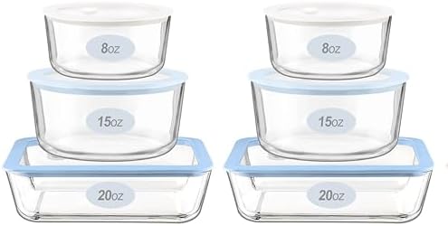 Urban Green Glass Food Container Set with Silicone Glass Lid, Square & Round Shape, 6 Pack, Airtight, LeakProof, 100% Plastic Free, Meal Prep Food Storage Containers, Blue & White Color