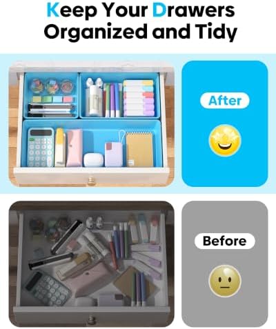 10 Pack Large Size Plastic Drawer Organizers Set, 3 Sizes Desk Drawer Organizer Trays, Storage Bins for Vanity, Makeup, Bathroom, Kitchen Utensils and Office (Blue)