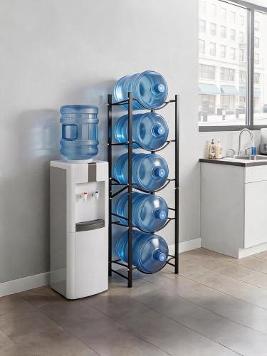 Heavy-Duty 5 Gallon Water Bottle Holder Rack, 5-Tier Single-Row Stand for 5 Bottles - Detachable Water Cooler Jug Storage Shelf for Office, Kitchen, Garage - Black