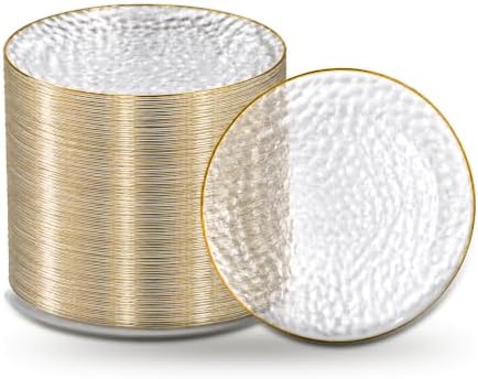 R-kay 100 Pack Clear Plastic Plates - 6.25 IN Hammered Gold Rimmed Sturdy, Durable And Extra Heavy duty Gold Plastic Dessert Plates Disposable - Ideal For Appetizer And And For Desserts.