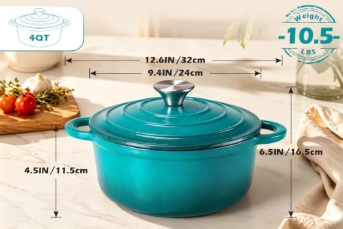 Leonyo 4-Quart Enameled Cast Iron Dutch Oven Pot with Lid, Lake Green