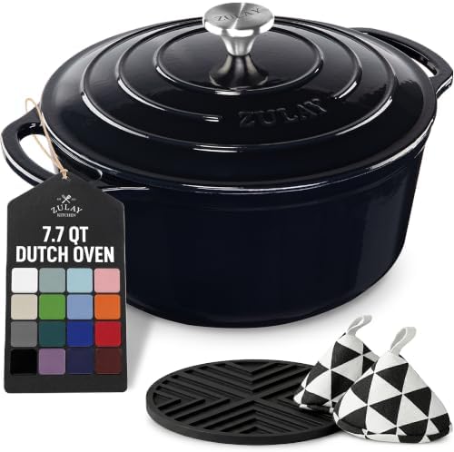 Zulay Kitchen 7.7 Quart Enameled Cast Iron Dutch Oven Pot with Lid – Premium Durability & Oven Safe up to 500°F – Heavy Duty Cookware Perfect for Bread Baking, Stews, Braising & Roasting – Black