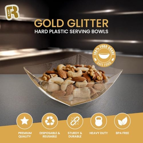 R-kay 6 Pack Gold Small Plastic Serving Bowls 8 oz - Gold Glitter Small Plastic Bowls for Parties, Premium For Weddings Catering And Birthday parties