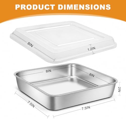Stainless Steel Baking Pan with Lid, 8 x 8 x 2 Inch Deep Square Cake Pan with Cover, Non-toxic&Healthy Bakeware Set of 2, Easy Clean, Dishwasher & Oven Safe, for Cakes, Brownies(2Pans+2Lids)