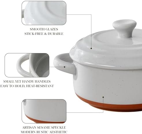 MALACASA Mini Cocotte Set of 4, 12 OZ Ramekins with Lids and Handles