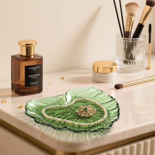 Joeyan Monstera Leaf Glass Serving Trays, Green Glass Plate with Embossed Vein Texture & Serrated Edge, Decorative Dish for Fruit, Candy, Jewelry, Snacks, Salads, Desserts, Dishwasher Safe