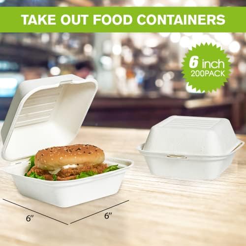ECOLipak 200 Pack Clamshell Take Out Food Containers, 100% Compostable Disposable To Go Containers，6 * 6 inch To Go Boxes for Salad, Cake,Sandwiches