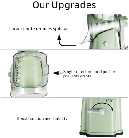 Upgrade Rotary Cheese Grater Shredder with Handle, Strong Suction Base, Multi-purpose Rotary Grater Slicer with 5 Interchangeable Blades for Ice, Vegetables, Fruit, Nuts with Blade Storage Box
